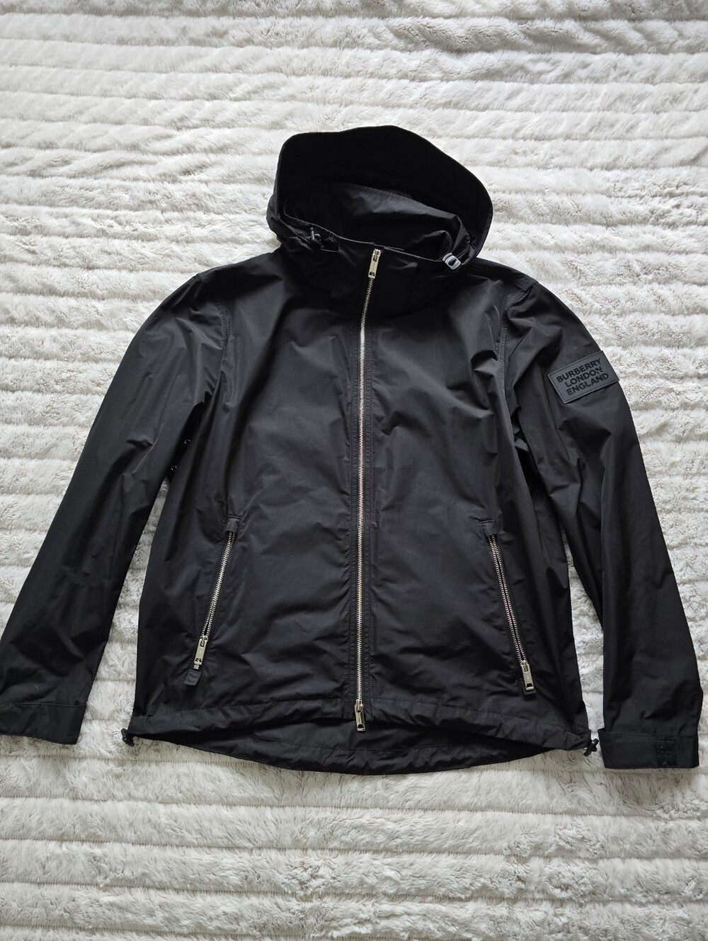 Burberry Black Hooded Shell Jacket with Zip Pockets Size 54